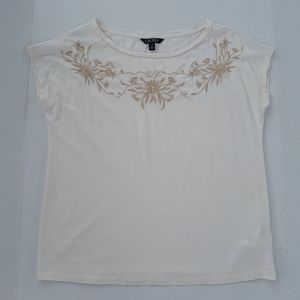 Lauren Ralph Lauren Super Soft Embroidered Boat Neck Cap Sleeve Top Ivory Size L